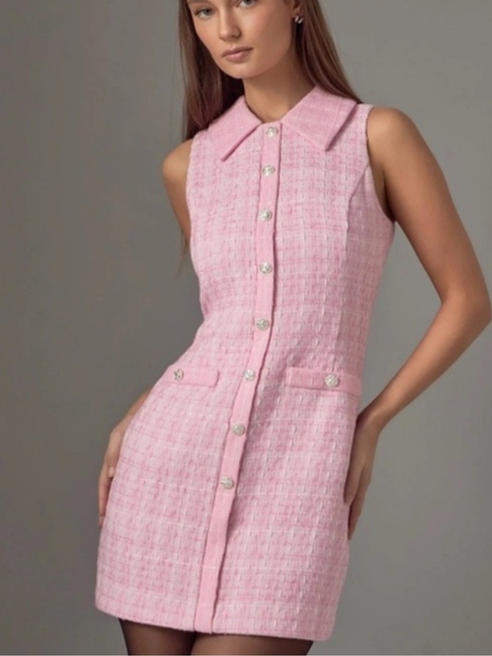 Endless Rose Pink Tweed Collar Button-Front Dress